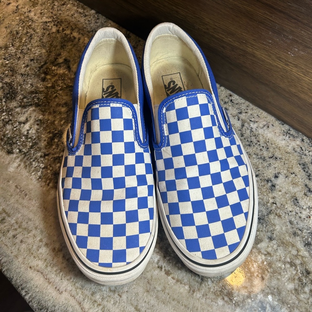 Vans Blue and White Checkered Slip-On Loafers